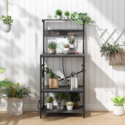 SUPERJARE Kitchen Bakers Rack with Power Outlet, Coffee Bar Table 4 Tiers, Kitchen Microwave Stand with 6 S-shaped Hooks, Storage Shelf Rack for Spices, Pots and Pans - Rustic Brown