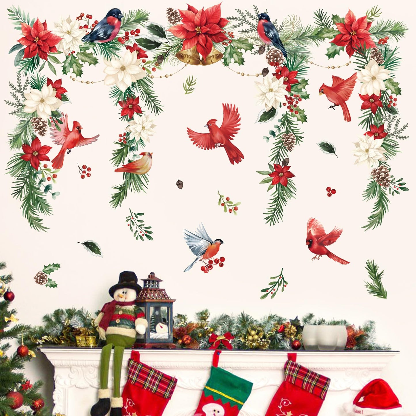 wondever Christmas Flower Cardinal Wall Stickers Christmas Leaves and Floral Red Bird Christmas Window Wall Art Decals for Party Window Xmas Home Party