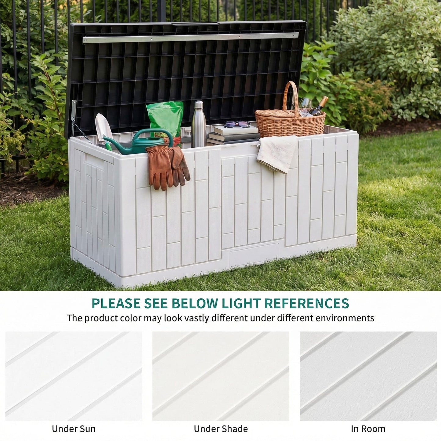 YITAHOME Large Deck Box 120 Gallon Resin Outdoor Storage Box w/Slide-Locking Black Lid, Patio Storage Bin for Outdoor Pillows, Garden Tools and Pool Supplies, Waterproof, Lockable, Grayish-White