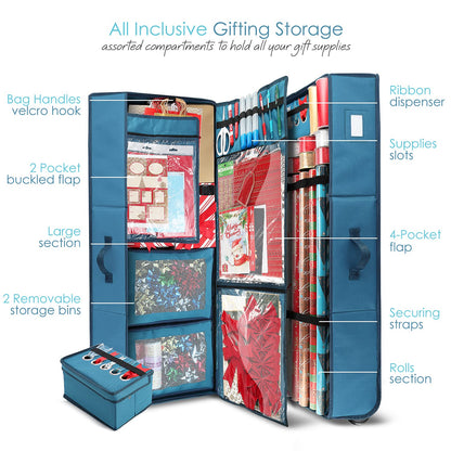 Hearth & Harbor Wrapping Paper Storage Container with Ribbon Dispenser and Interior Pockets - Large Christmas Storage Containers with Wheels, Fits 30 Rolls of 40" Length, Blue