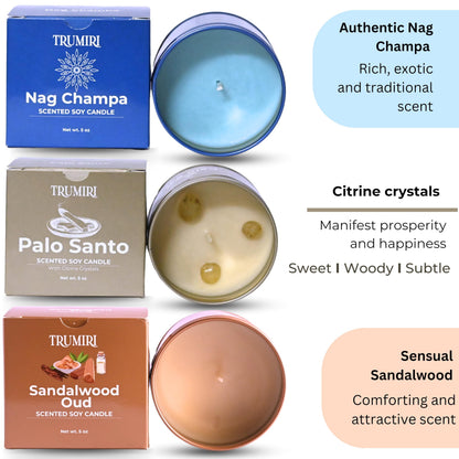 Palo Santo, Nag Champa, Sandalwood Oud - Soy Candles Non Toxic - Highly Scented Long Lasting with Essential Oils - Variety Pack of 3 x 5oz - for Home Aromatherapy Meditation Gift Travel