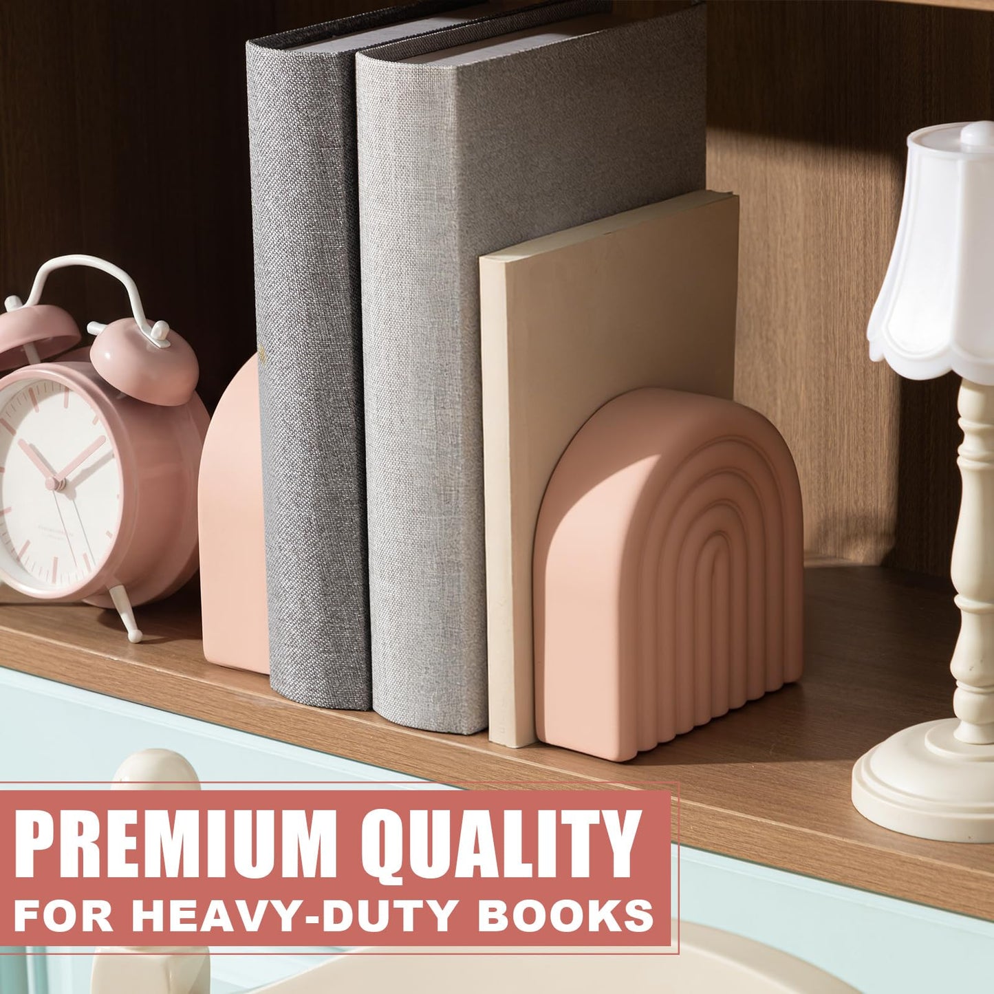 Fiwochic Soft Coral 2 Pcs Boho Arch Concrete Bookends for Shelves Decorative Book Holder Stopper with Anti Slip Pads for Heavy Books Home Office Aesthetic Library Decor (Rainbow)