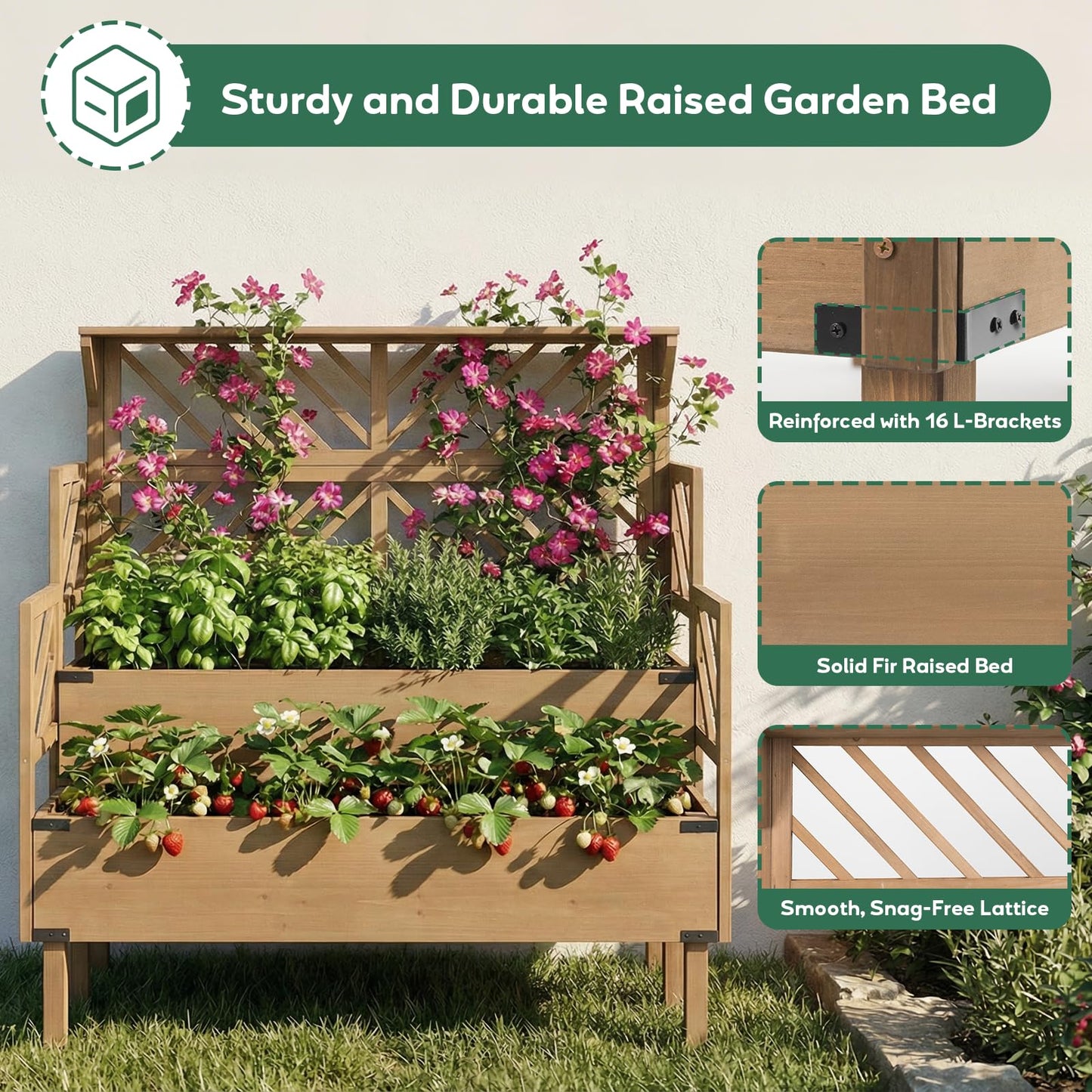 PetsCosset Raised Garden Bed with Trellis, 2-Tier Elevated Planter Box with Legs & Top Shelf, Liner, Metal Corners, Wooden Garden Beds for for Climbing Plants, Flower, Vegetables, Herbs