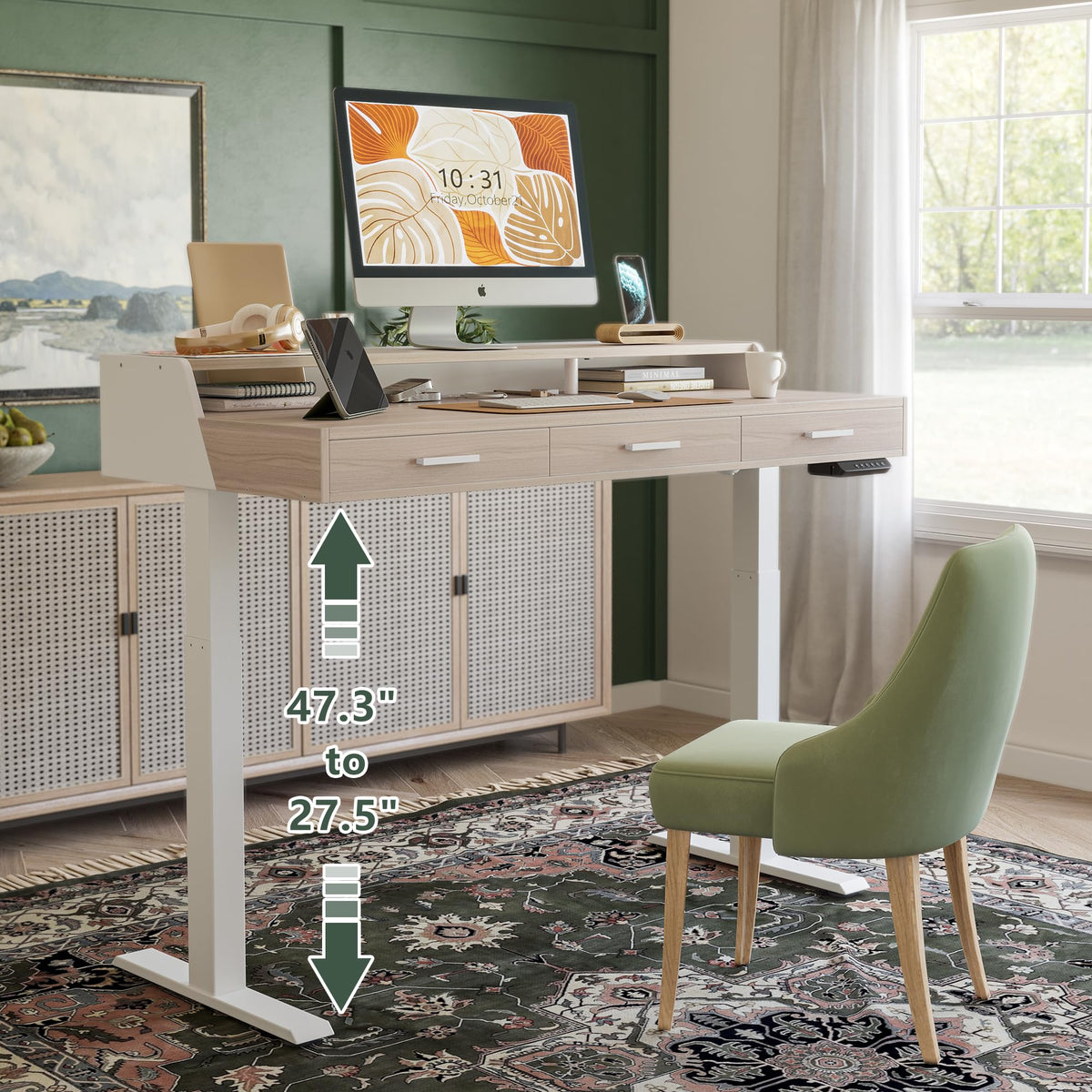 CubiCubi Standing Desk 55x26 Inches with 3 Wood Drawers and Monitor Shelf, Ergonomic Rising Home Office Desks, Height Adjustable Computer Desk, Sit Stand Up Electric Workstation Table, Pale Walnut