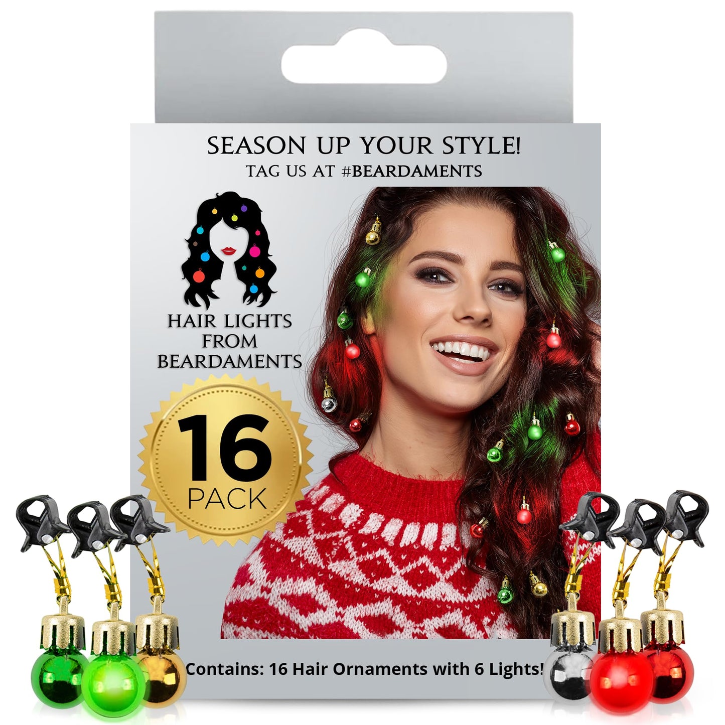 Beardaments Light Up Hair Lights - The Original Ornaments from, 16pc Colorful Christmas Hair Baubles for Holiday Cosplay Women Party Costume