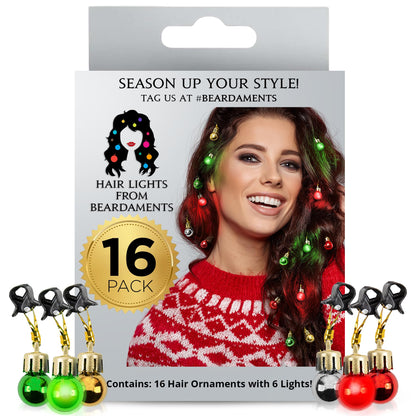 Beardaments Light Up Hair Lights - The Original Ornaments from, 16pc Colorful Christmas Hair Baubles for Holiday Cosplay Women Party Costume