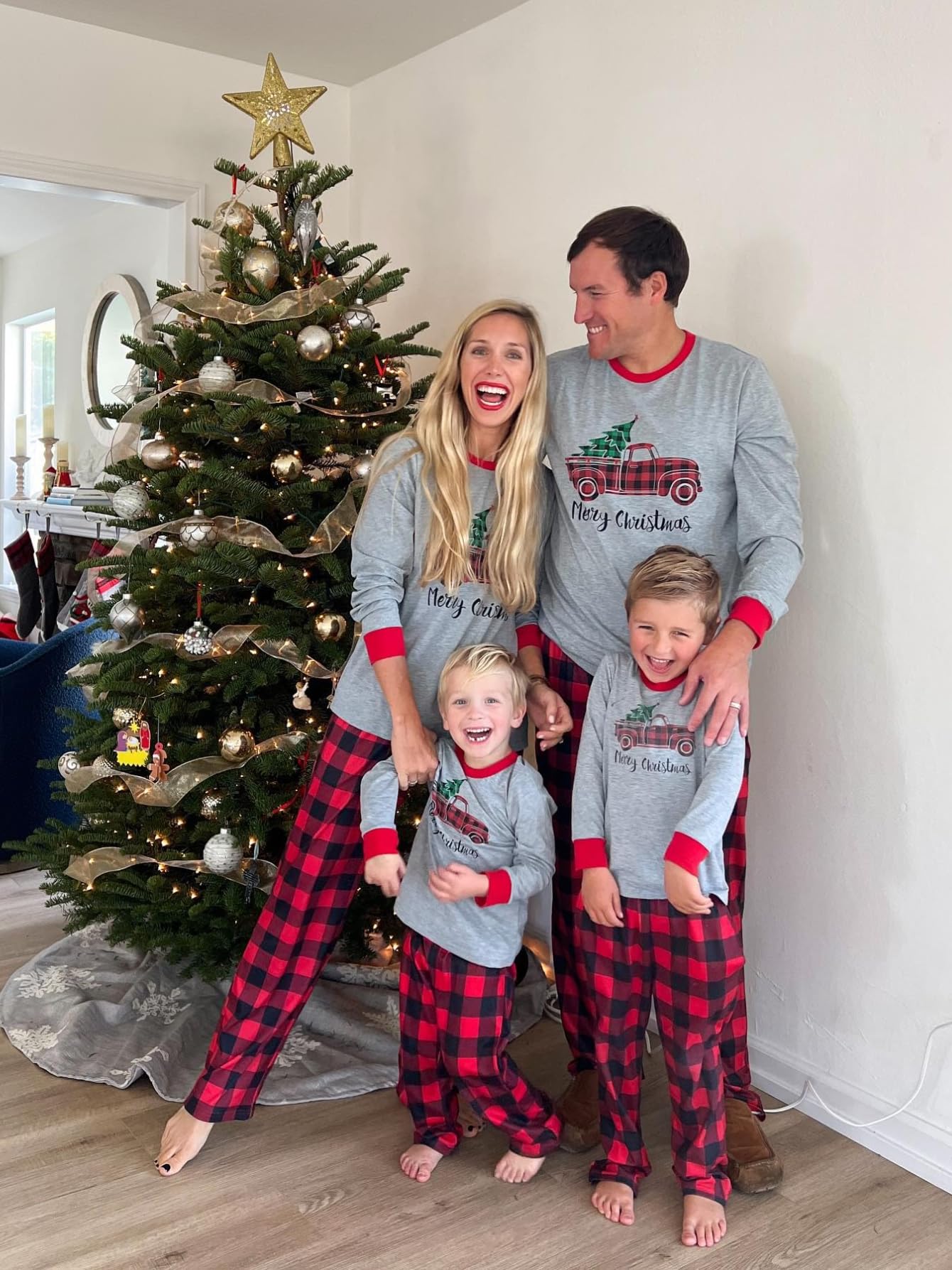 IFFEI Matching Family Pajamas Sets Christmas PJ's Sleepwear Truck Print Top and Plaid Pants with Pocket 6-7 Years