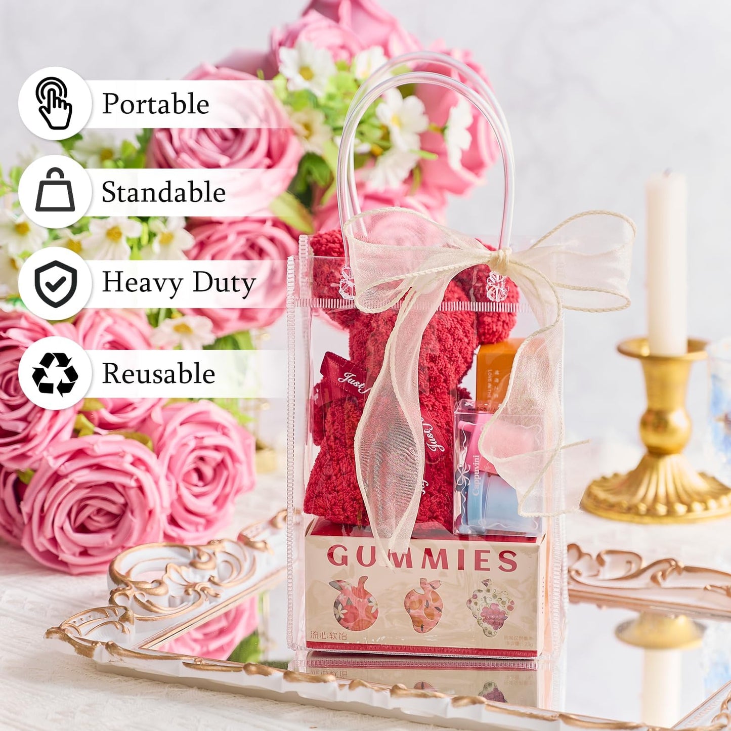 Ohuimrt Clear Plastic Gift Bags with Handles, 50 PCS, 5.9" x 7.9" x 2.8"