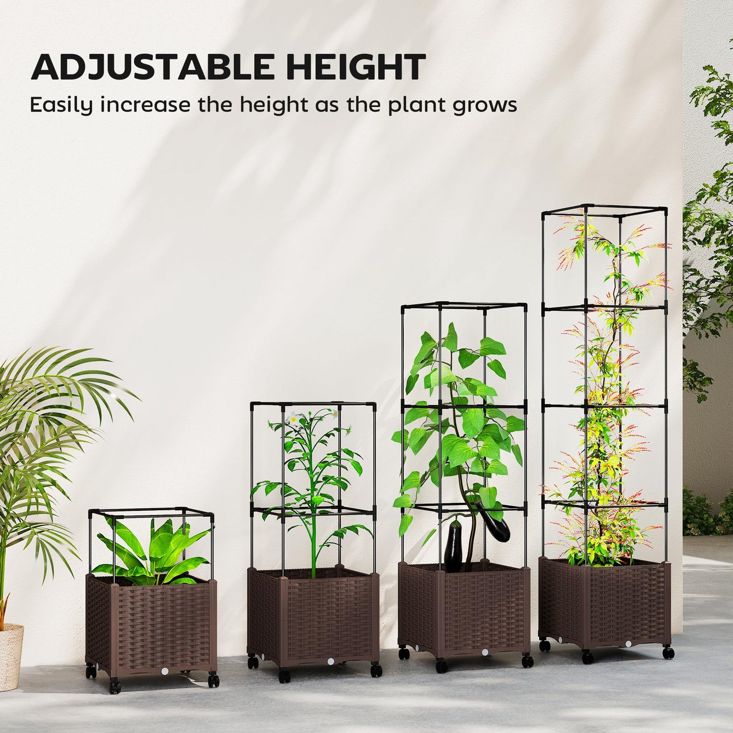Outsunny Raised Garden Bed with Trellis, 71.7" Tomato Cage with Lockable Wheels, Self Watering Outdoor Planter Box with Drainage Holes and Plugs for Climbing Plants, Vines, Vegetables, Flowers, Brown