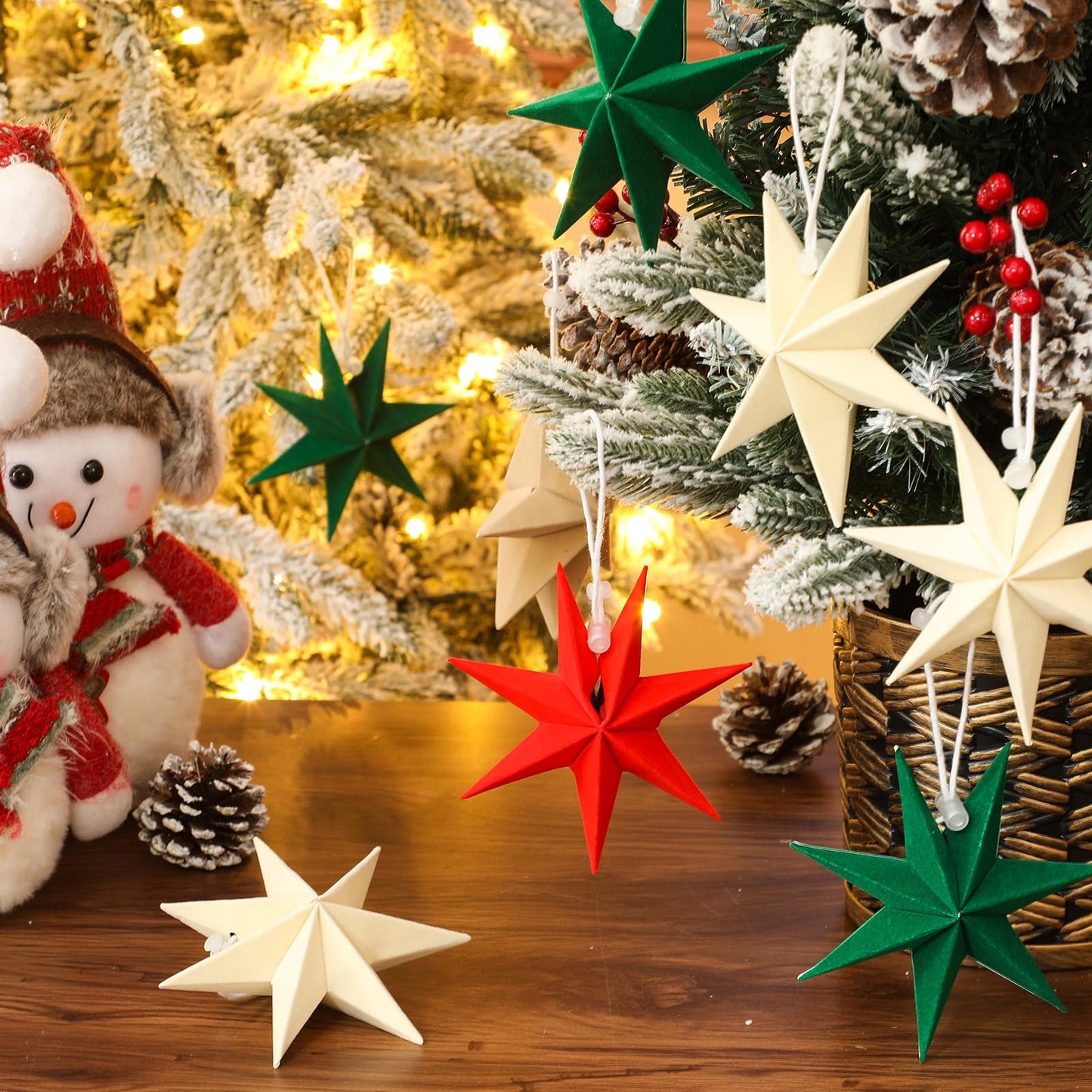 VIHOSE 12 Pcs Velvet Christmas Paper Star Ornaments 4 Inch Neutral Flocked Christmas Hanging Paper Ornament 7 Pointed Xmas Decorations for Xmas Tree Party Indoor Home Door Window