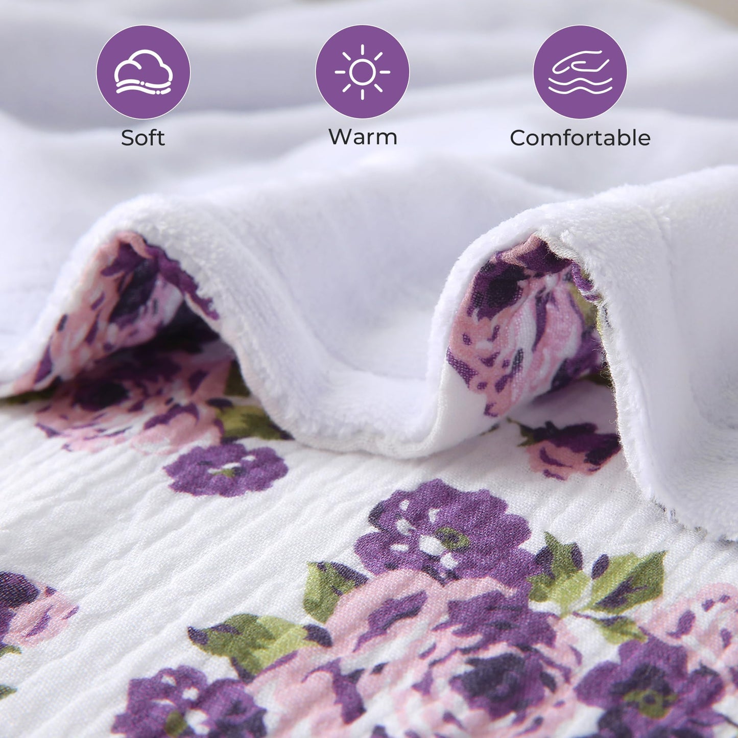 Muslin Blankets for Adults Reversible Throw Fleece & Gauze, Soft Cozy Lightweight Breathable Floral Blanket for Bed Couch, Double Layer Muslin Purple Rose Throw Cover 50"x70"