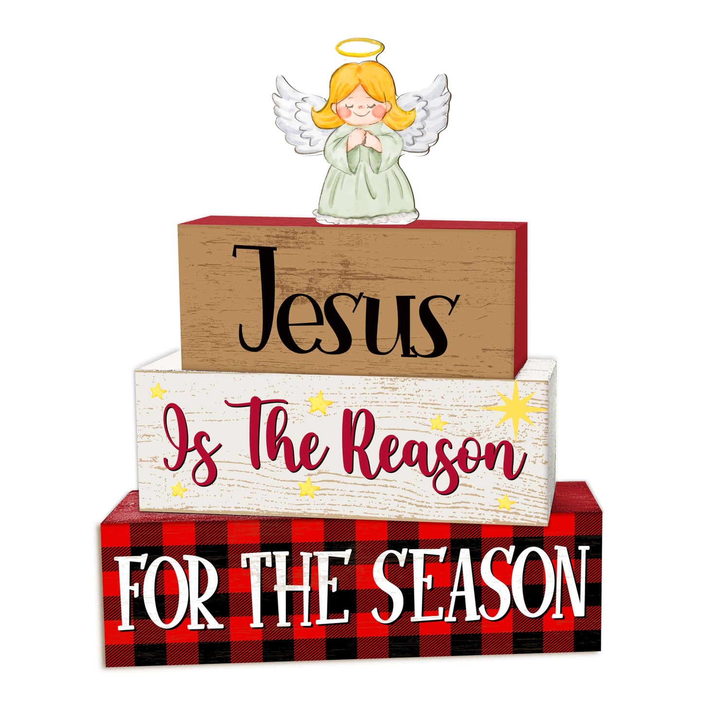 4 Pcs Angel Christmas Decor, Jesus Table Decorations, Bible Verse Christmas Tiered Tray Desk Decor Gifts, Wooden Christian Stack Block Signs Table Centerpiece for Farmhouse Office -B02