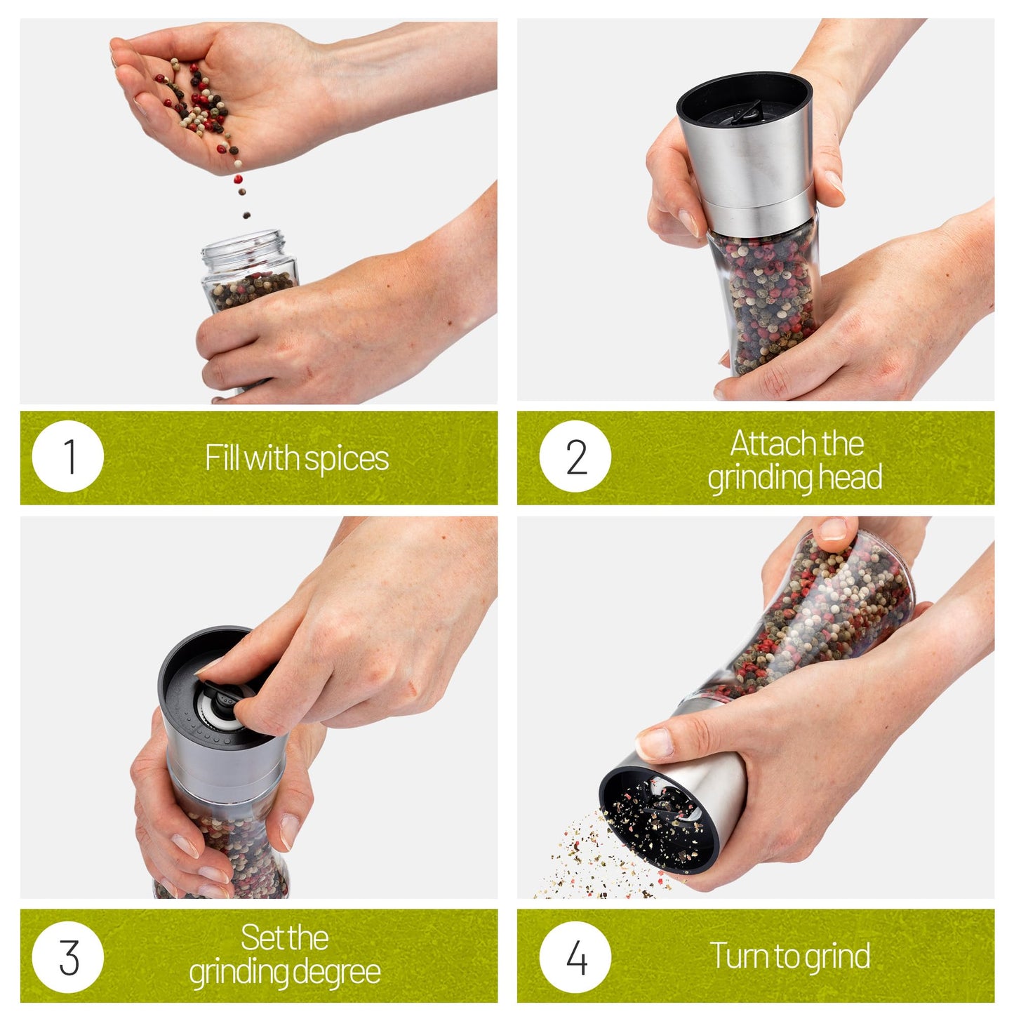 ZOLMER® Premium Stainless Steel Salt and Pepper Grinder Set manual | Adjustable Ceramic Grinder for Salt and Pepper, Chili and more - Big Silver [No Spices Included]