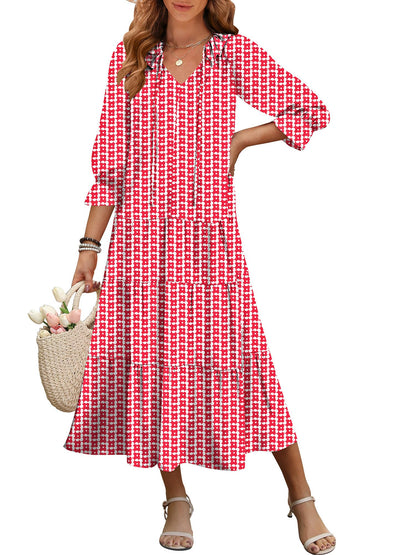 ANRABESS Women's Boho Maxi Dresses 2025 Summer Casual V Neck Puff Sleeve Floral Tiered Flowy Swing Beach Vacation Long Dress