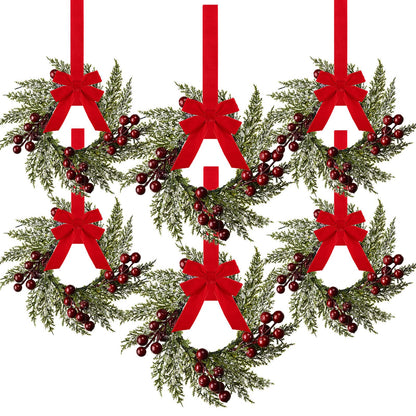 6 Pieces 8" Mini Christmas Wreaths - Small for Kitchen Cabinet/Window/Front Door, Artificial Red Berries & Pinecones, Christmas Candle Rings, Table/Farmhouse Decoration (No Ribbon)
