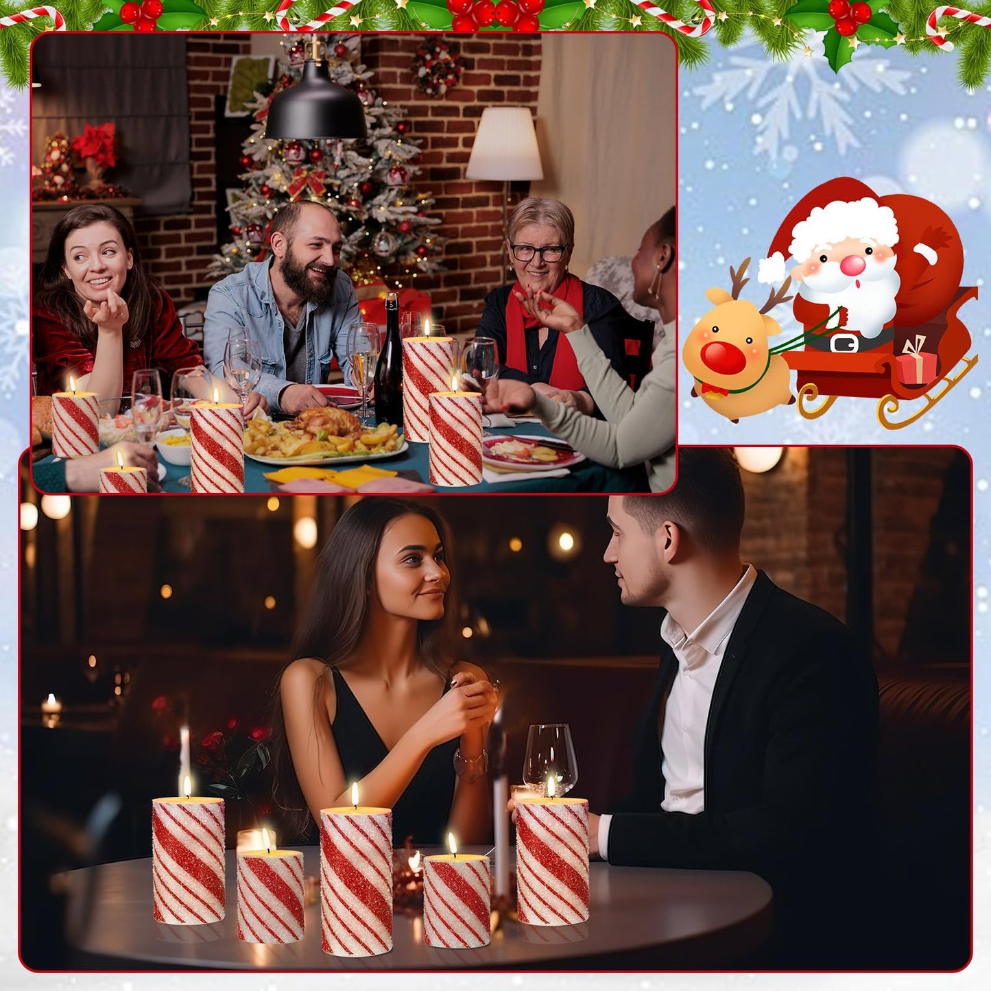 Lonfliness 5 Pcs Christmas Stripe Flameless LED Candles 6 Inch Christmas Candy Cane Candles with Sea Salt Granules Battery Operated Flickering Candlestick for Xmas Holiday Party Wedding Decor