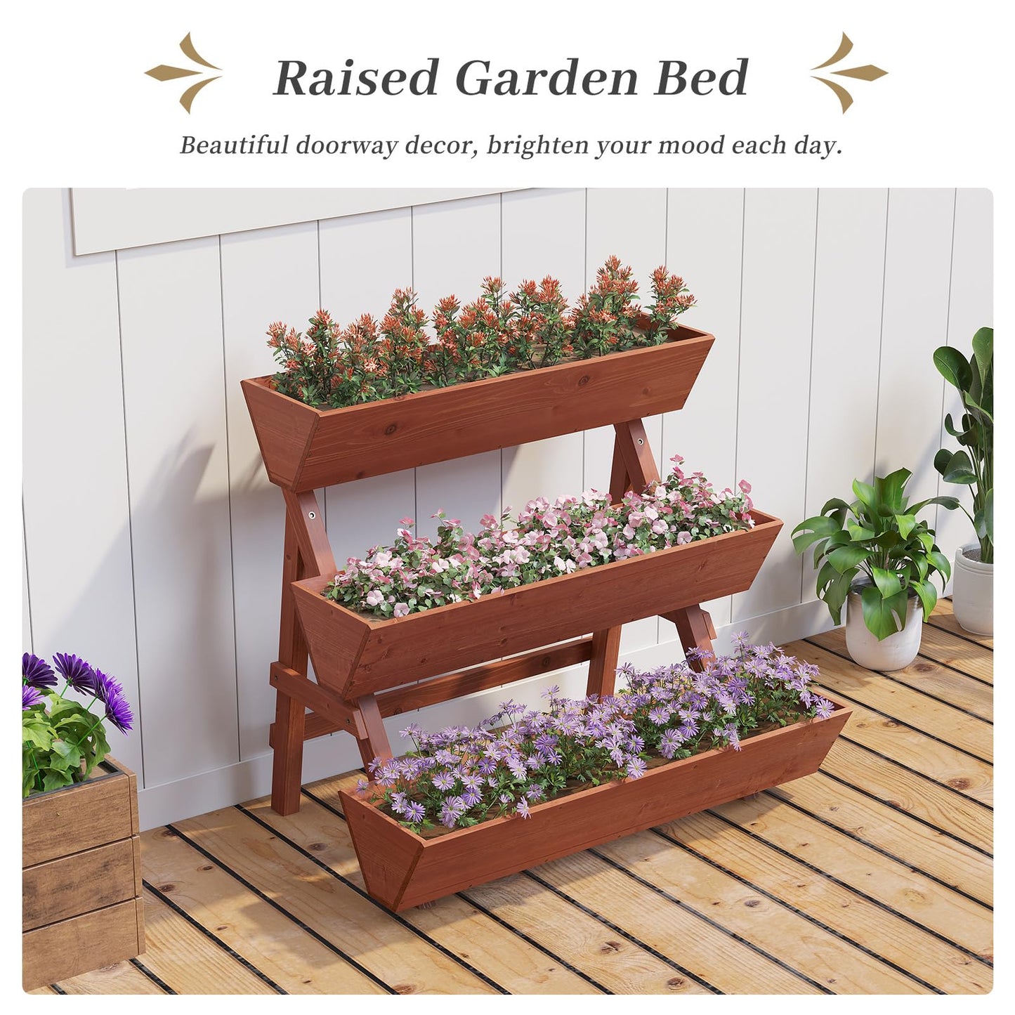 Kitsanery 3-Tiers Wooden Raised Garden Bed,Wood Planter Box for Vegetable,Flower Rack,Flower Pot Stands,Indoor Outdoor Gardening Planting Beds (Brick red, Large)