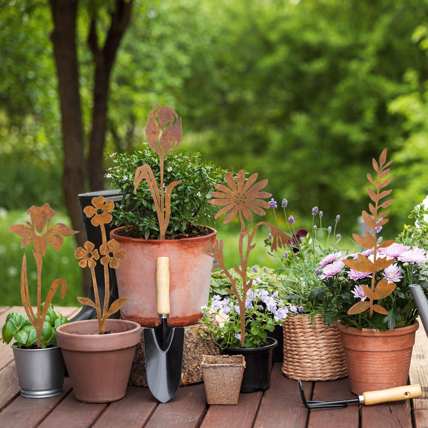 Otoolling 5 Pcs Rusty Metal Flowers and Plants, Rusty Rustic Metal Flowers Signs for Outside Yard Art Gift for Yard Decorative Garden Stakes Potted Plants Walkway and Garden
