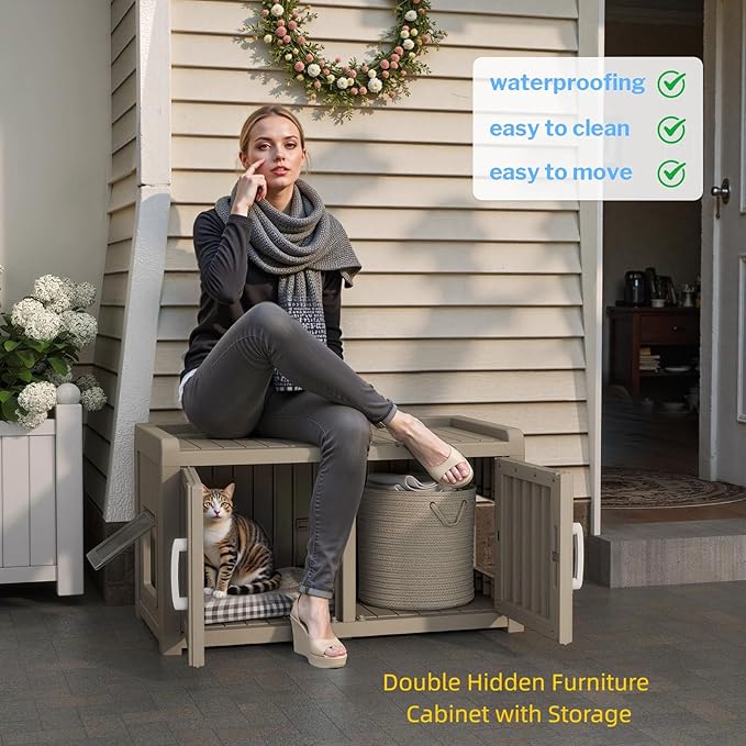 2 Doors Shoe Storage Bench - 2 Side Door Hidden Furniture Cabinet with Storage, Waterproof Entryway Bench with Seat for Indoor Outdoor, End of Bed Footrest Stool for Bedroom, Hallway, Grey