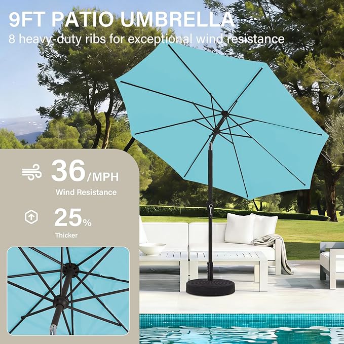 MEWAY 9ft Patio Umbrella Outdoor Table Umbrellas with Push Button Tilt and Crank, Market Umbrella 8 Sturdy Ribs for Deck, Garden, Pool and Backyard, Sky Blue