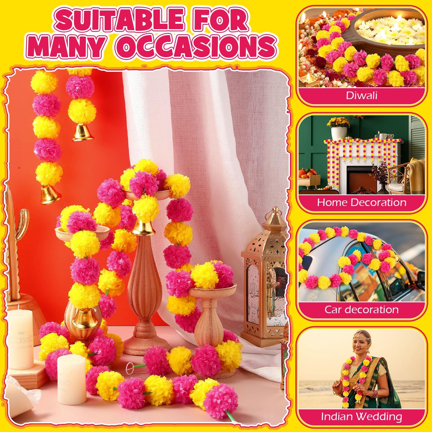 Riceshoot 10 Pcs Marigold Garland for Decoration Diwali Decor 5 Ft Long Artificial Marigold Flowers with Golden Bell Indian Garland for Pooja Wedding Events Day of the Dead Decor (Yellow and Purple)
