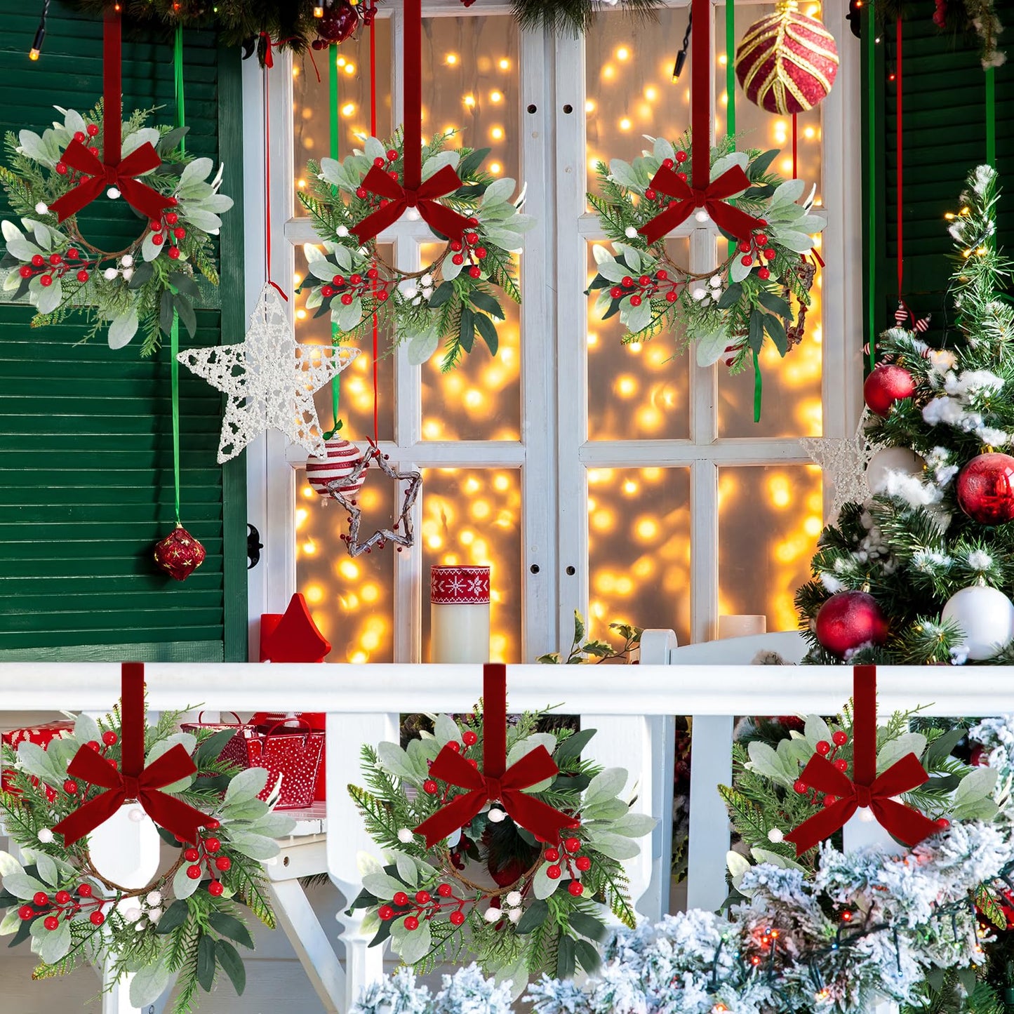 6 Pcs 9'' Mini Christmas Hanging Wreaths Artificial Norfolk Pine Red Berries and Lambs Ear Leaves Small Candle Ring Wreaths for Kitchen Cabinet Farmhouse Front Door Window Xmas (Excluding Ribbons)