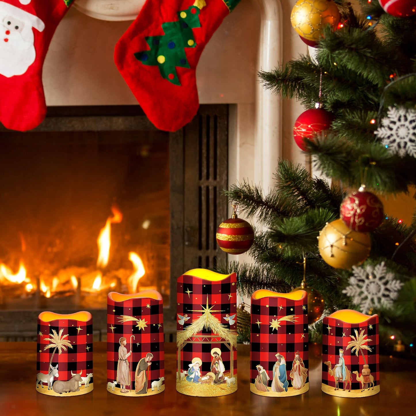 Glooglitter 5 Pcs Buffalo Plaid Nativity Scene Candles Flameless Christmas LED Pillar Jesus Religion Candles Battery Operated with Timer Remote for Xmas Christian Holiday Table Home Decor Church Party