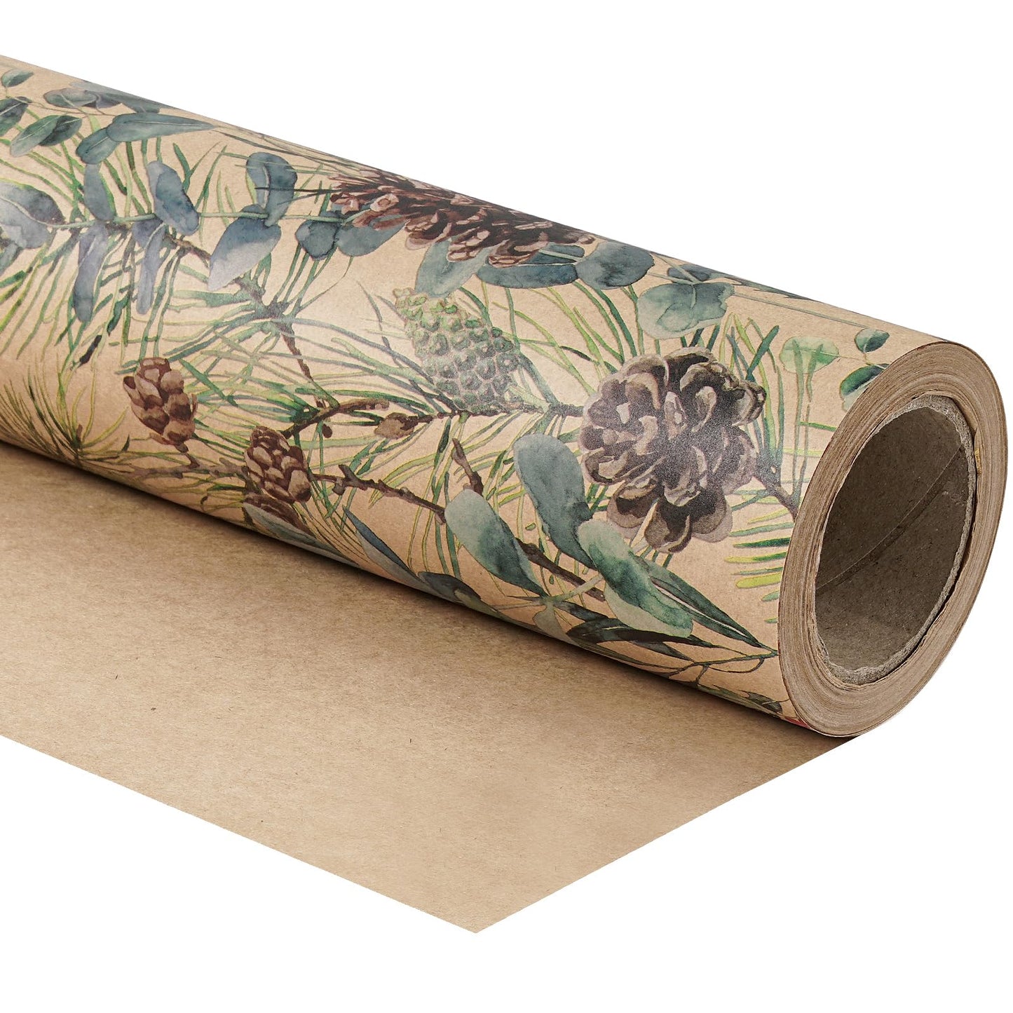 RUSPEPA Kraft Christmas Wrapping Paper Roll, Mini Roll, Watercolor Pinecone and Eucalyptus Leaf Design, Kraft Gift Wrap for Christmas, Winter Holiday Party, Rustic Natural Theme, 17 Inches x 16.4 Feet