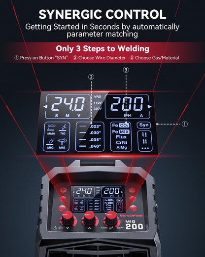 ARCCAPTAIN MIG Welder, 200Amp 6 in 1 Gas MIG/Gasless Flux Core MIG/Stick/Lift TIG/Spot welding/Spool Gun 110V/220V Aluminum Multi Process Welding Machine with LED Digital Display, Burn Back Adjustment