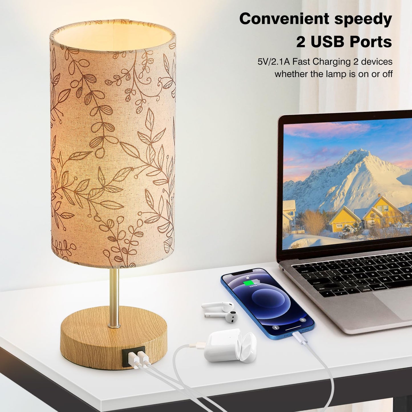 Bedside Touch Lamp, Wood Small Table lamp for Bedroom with 2 USB Charging Ports & Flower Fabric Shade, 3-Way Dimmable Nightstand Lamps for Living Room Office Reading Desk Home Dorm(LED Bulb Included)