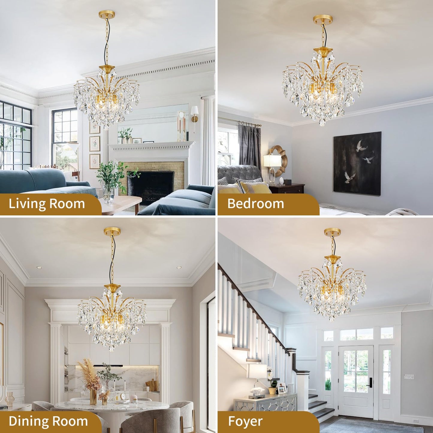 FashEase K9 Crystal Chandeliers, Mid-Century Modern Style for Living Room, Bedroom, Dining Room, D20in x 20-70in Adjustable Height, Gold Finish