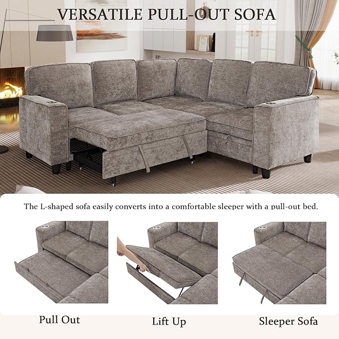 L-Shaped Sectional Couch with Storage and Pull Out Bed, Convertible Sofa Bed