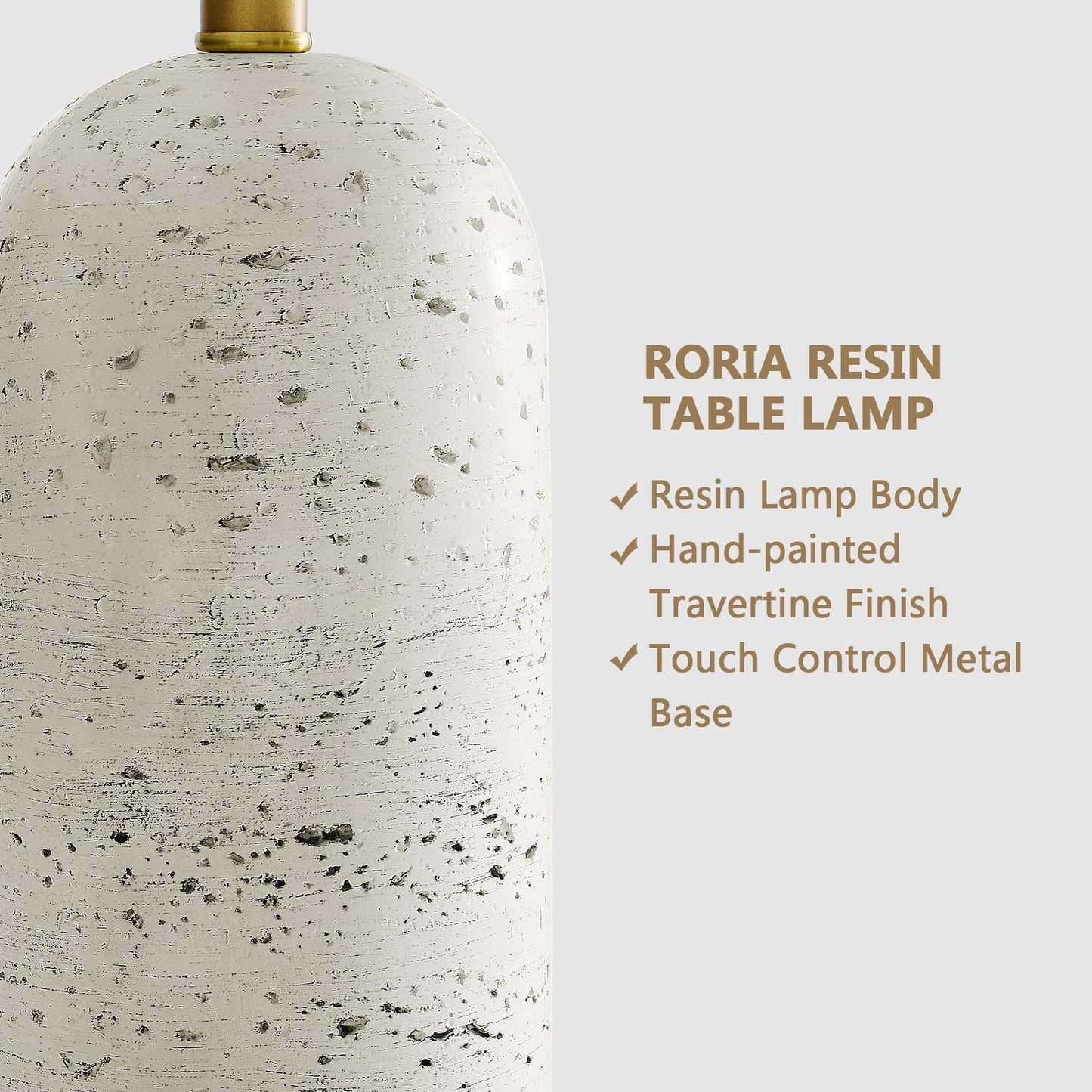 RORIA 25" Set of 2 Touch Rustic Table Lamps for Living Room, Resin Stone Travertine Nightstand Modern Lamps with 3-Way Dimmable and USB A+C Ports for Bedroom Entryway, 2 LED Bulbs Included
