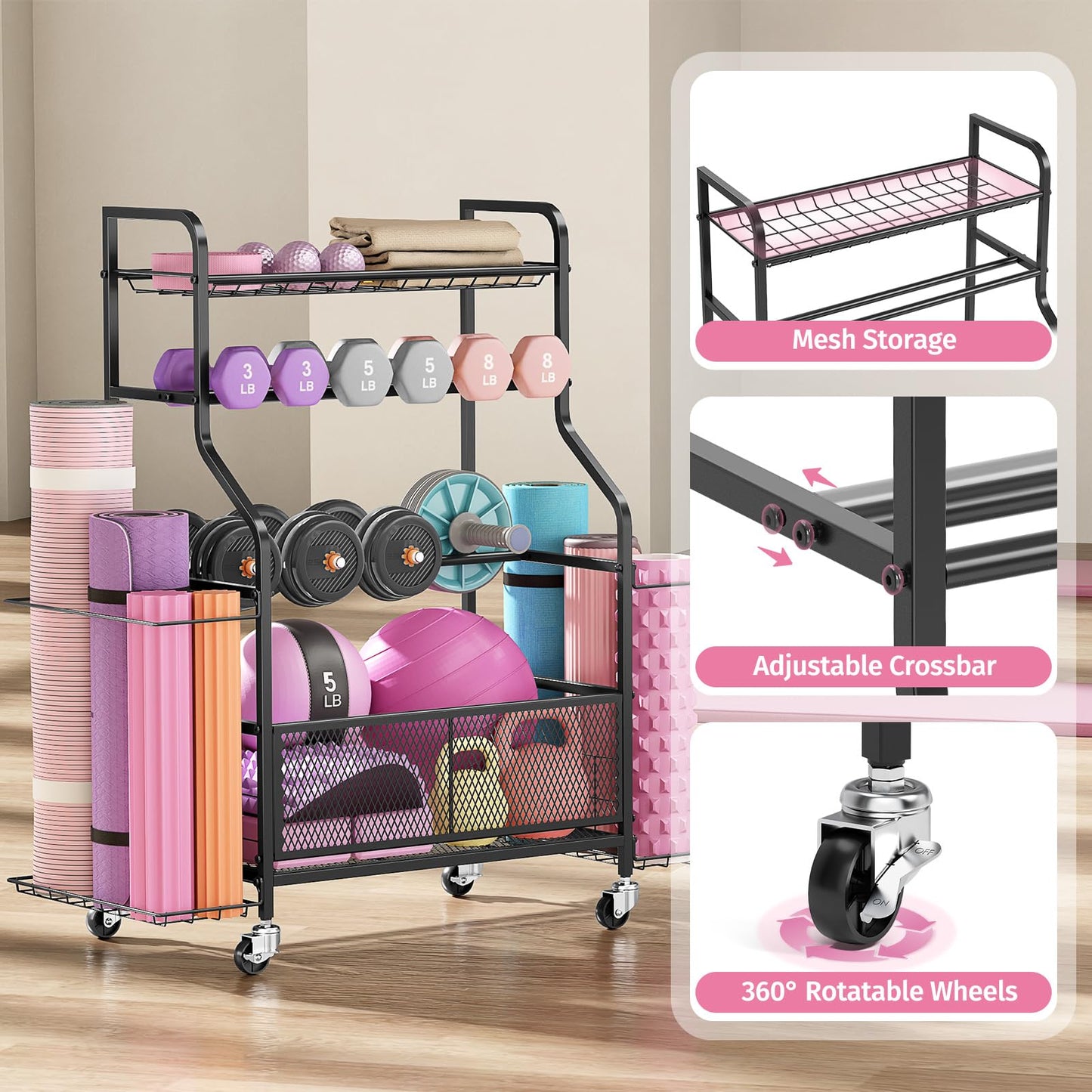 Dumbbell Rack with Wheels, Weight Rack for Dumbbells, Home Gym Storage Organizer for Kettlebells, Yoga Mats, Balls & Workout Equipment, Heavy Duty Steel Gym Storage Rack with Hooks, Black