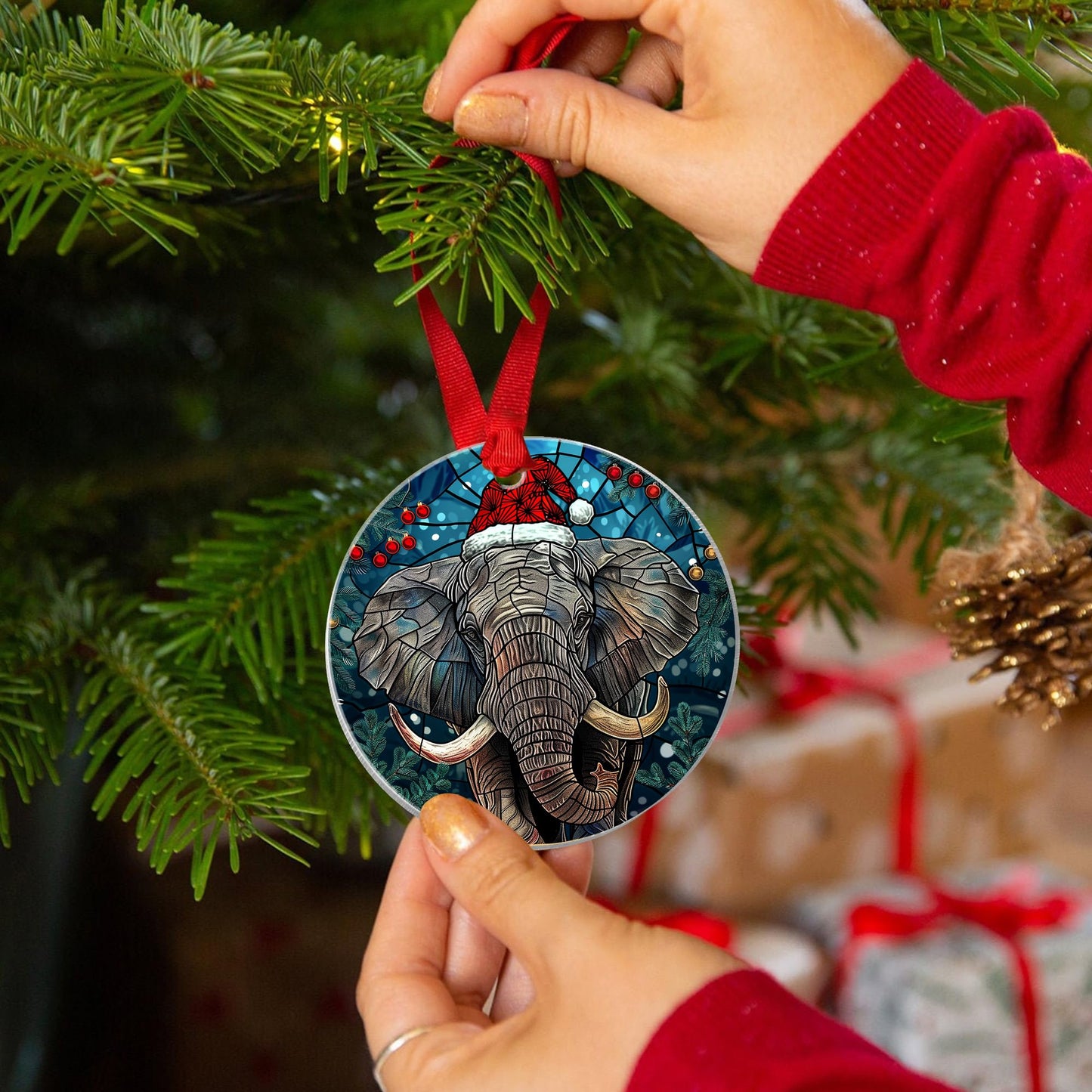 Fastpeace Elephant with Santa Hat Christmas Ornament - Stained Glass Style - Perfect Hanging Decoration for Tree - Gift for Family, Friends (Acrylic)