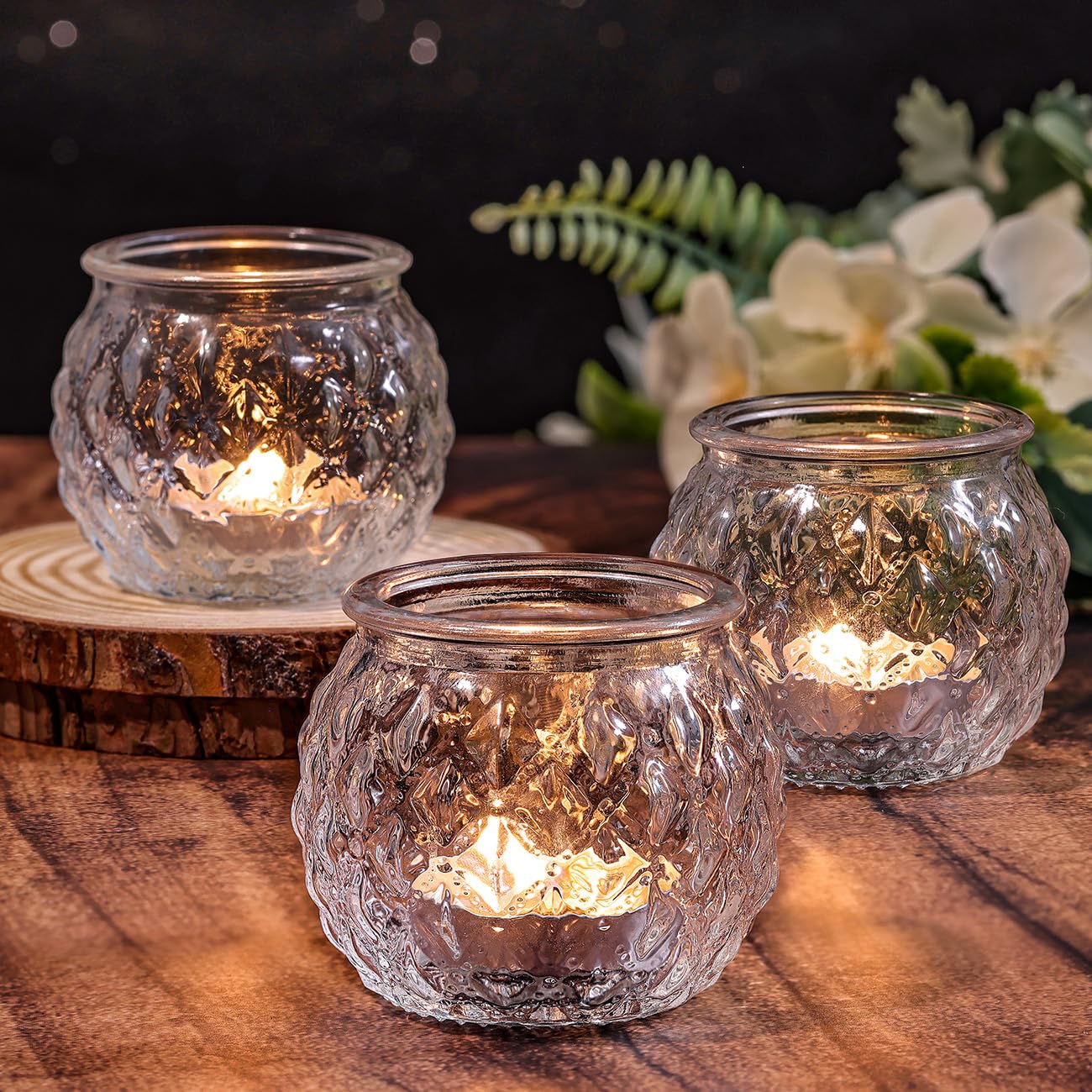 DARJEN Clear Votive Candle Holders Set of 24- Round Glass Candle Holders Bulk for Tea Light Candle, Diamond Texture Candle Votives for Wedding Centerpiece, Living Room & Home Table Decor