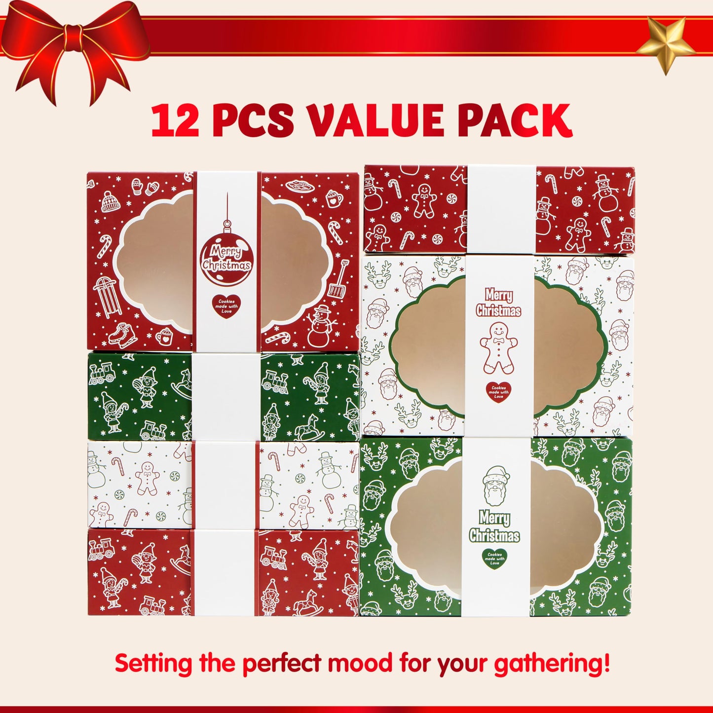 JOYIN 12PCS Christmas Cookie Boxes for Gift Giving, 8.5" x 5.75" x 2.75" Xmas Holiday Bakery Treat Boxes with Window, 4 Design Cookie Containers Box for Baked Goods, Cupcake, Pastry, Candy