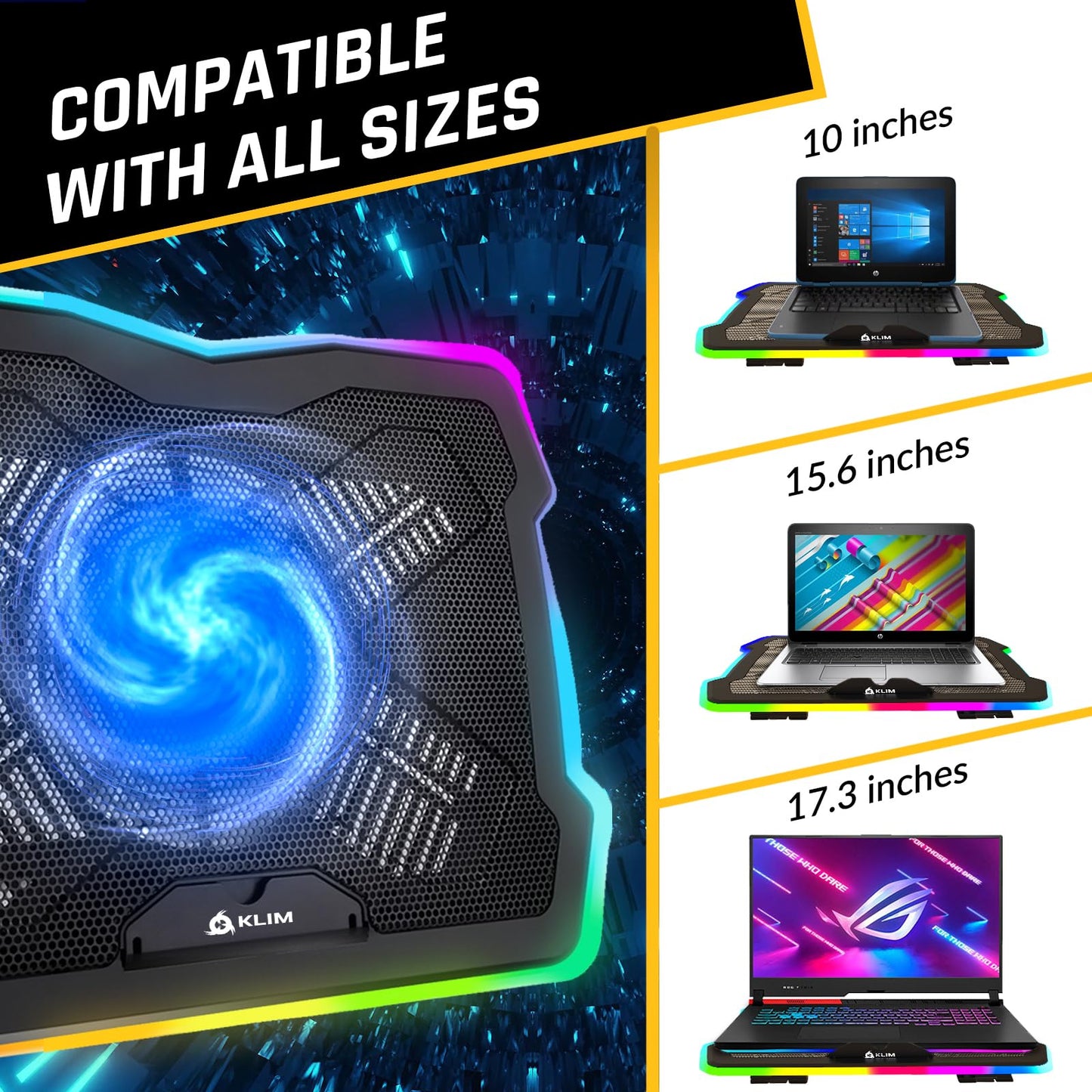 KLIM Ultimate - RGB Laptop Cooling Pad with LED Rim - New - Gaming Laptop Cooler - USB Powered Fan - Very Stable and Silent Laptop Stand - Compatible up to 17" - PC Mac PS5 PS4 Xbox One