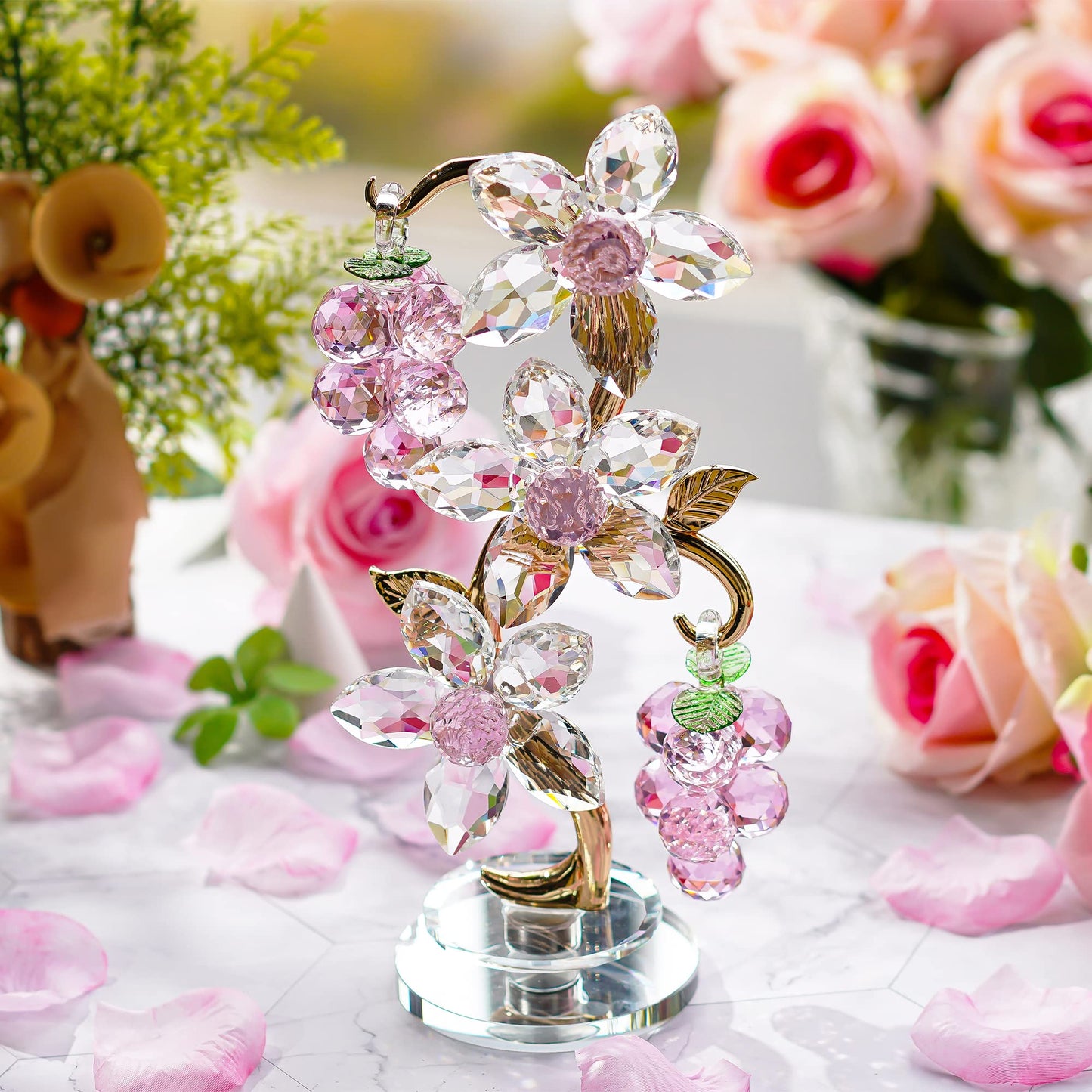 Rotating Pink Crystal Grape Figurine Table Centerpiece Decor