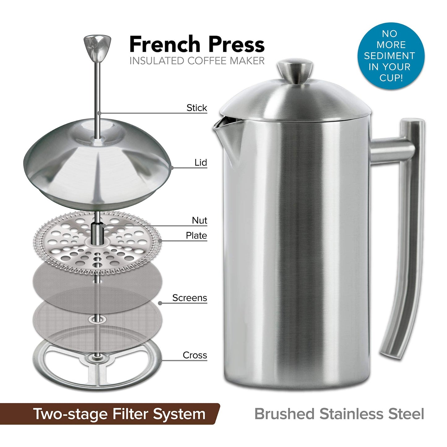 Frieling French Press Coffee Maker - 23 Ounce, Brushed Stainless Steel - Coffee Press & Cold Brew Pitcher - Stovetop Espresso Maker for Camping & Travel