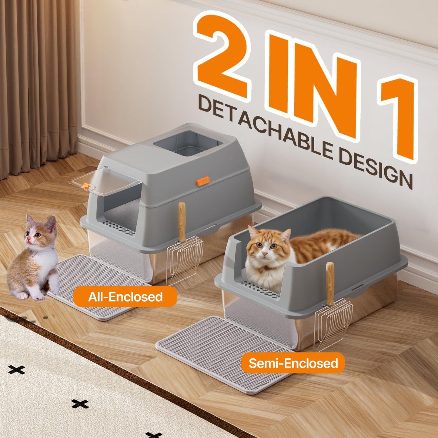 Stainless Steel Litter Box with Lid, 8” Deep Pan, Extra Large Litter Box for Big Cats, Anti-Leakage, Odor Free, Front & Top Dual Entry, Includes Litter Mat & Metal Scoop