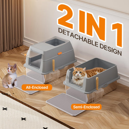 Stainless Steel Litter Box with Lid, 8” Deep Pan, Extra Large Litter Box for Big Cats, Anti-Leakage, Odor Free, Front & Top Dual Entry, Includes Litter Mat & Metal Scoop