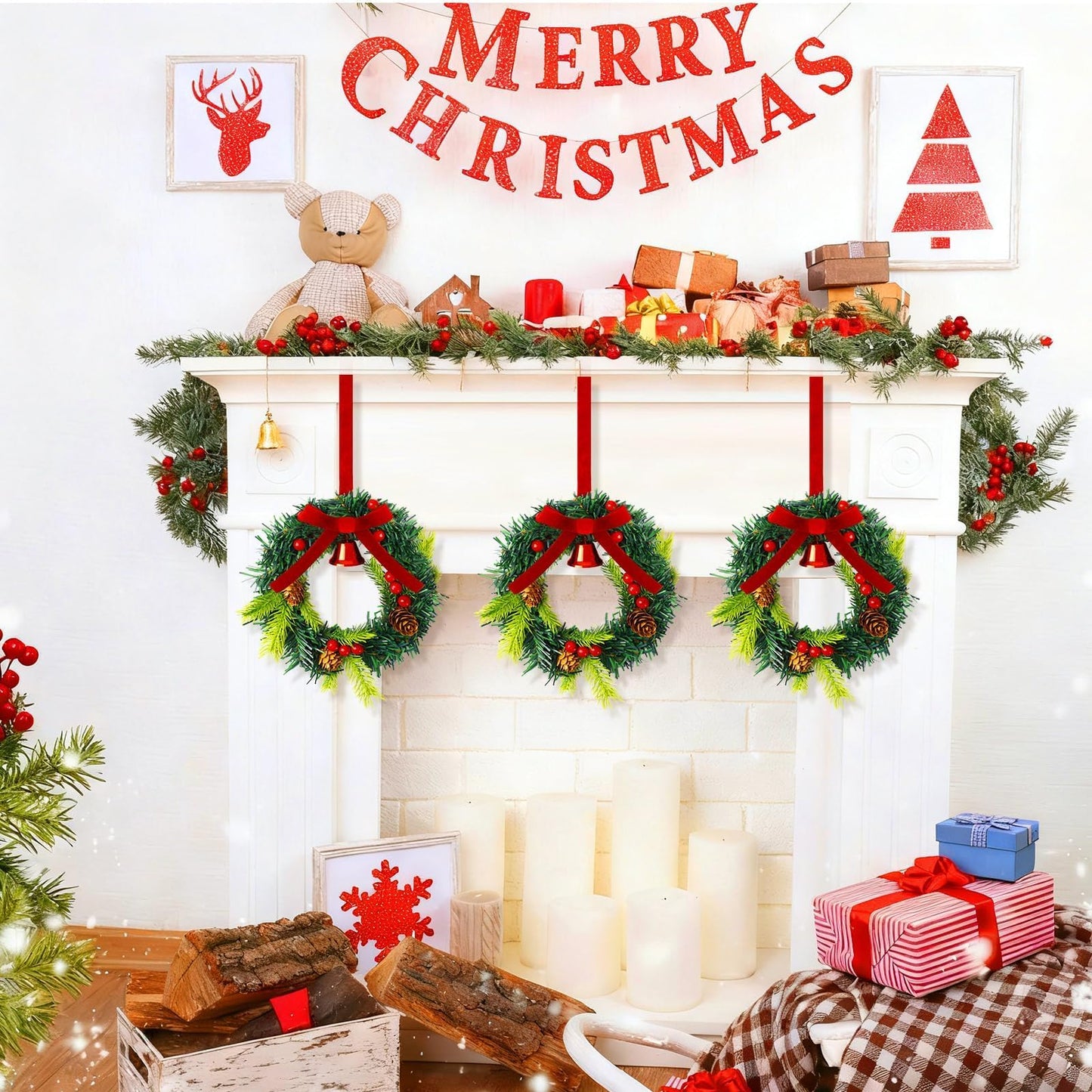 Wurosi 8 Pcs Mini Christmas Wreath, 7.87 Inch Christmas Kitchen Cabinet Wreaths with Velvet Ribbon and Berry, Small Christmas Wreaths for Cabinets Window Front Door Porch Wall Decor