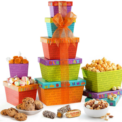 Broadway Basketeers Birthday Gift Basket Tower – Snack Boxes with Gourmet Cookies & Popcorn – Happy Birthday Gifts for Women, Mom, Sister, Friends & Coworkers