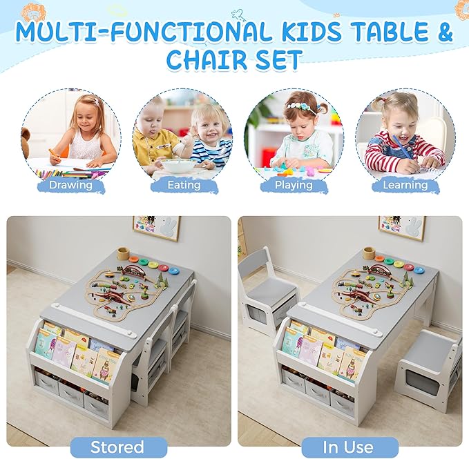 5-in-1 Kids Art Table and Chairs, Toddler Table and Chair Set, Craft Play Desk