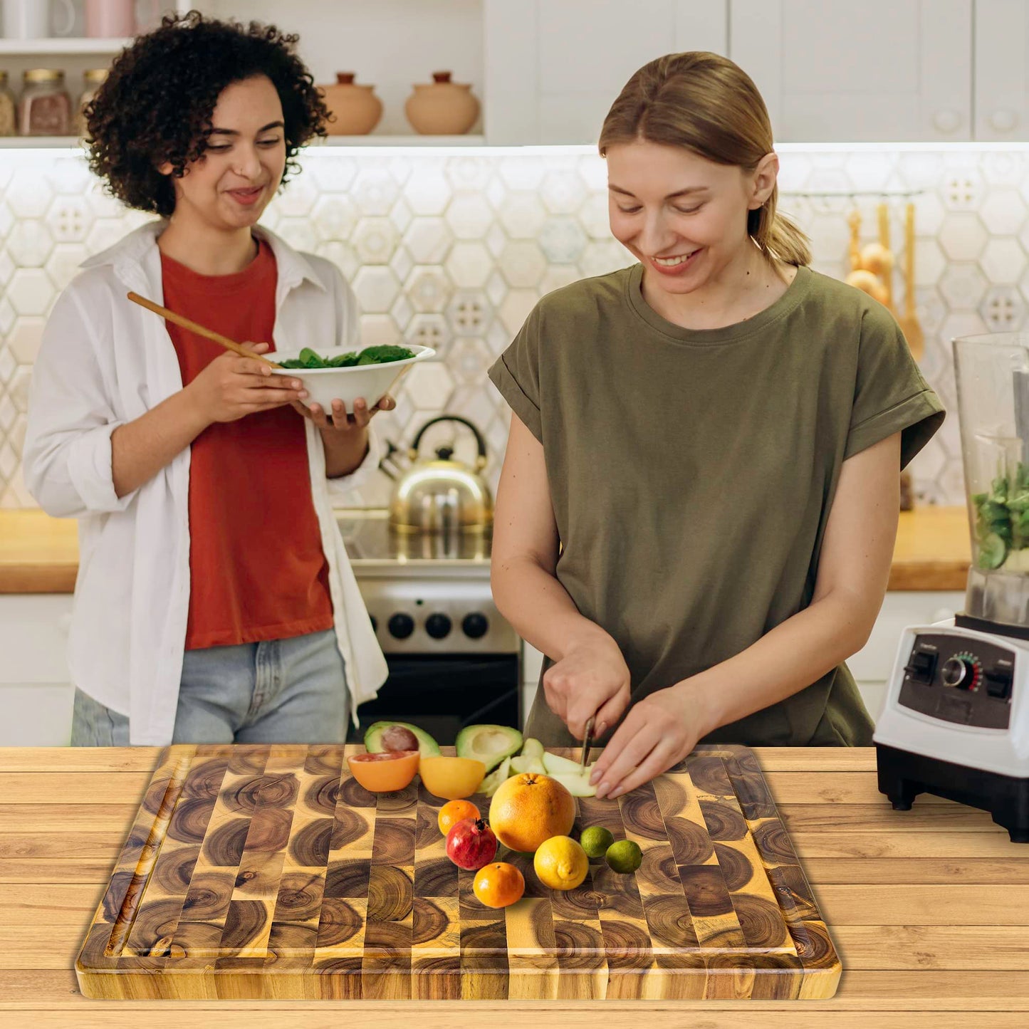 XL Acacia End Grain Wood Cutting Board (20x15x1.5in) Acacia Wooden Cutting Board, Butcher Block, Chopping Board - Reversible Multipurpose For Kitchen with Juice Groove, Cracker Holder & Inner Handles.