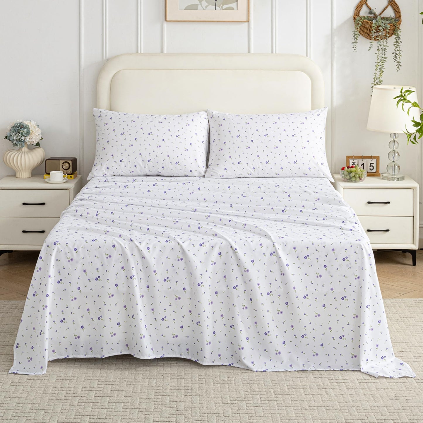 Softan Purple Floral King Bed Sheet Set, Cozy Microfiber Patterned Fitted Sheets with 15" Deep Pocket & Non-Slip Straps, Cute Purple Flower Printed Sheets & Pillowcase Set King