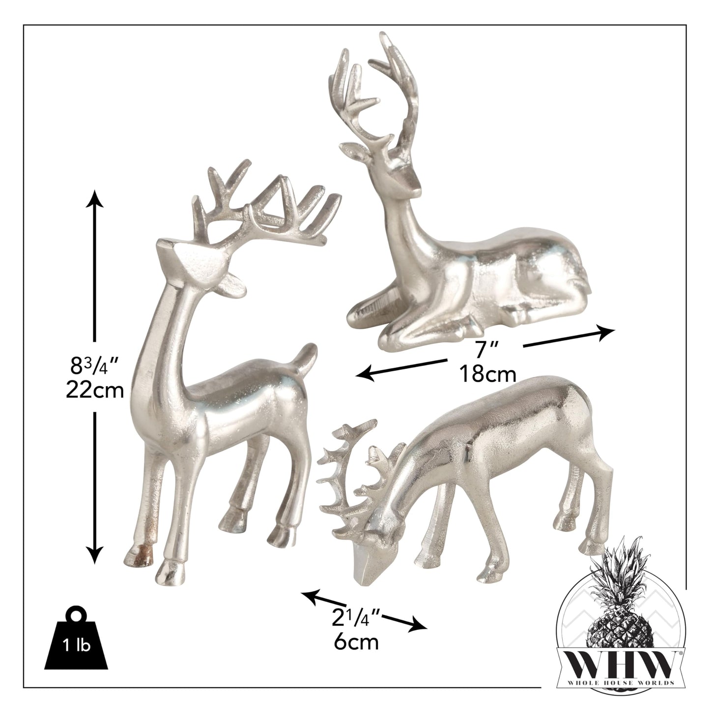 WHW Whole House Worlds Rustic Reindeer Figurines, Set of 3, Handmade, Cast Silver Aluminum, 8.75 Inches