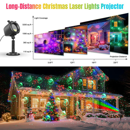 Christmas Laser Lights Projector Outdoor with 4 Dynamic Slides, 2-in-1 Moving RGB Firefly Laser Lights with Remote,Timer, Landscape Holiday Porjector for Window Wall Xmas Decor