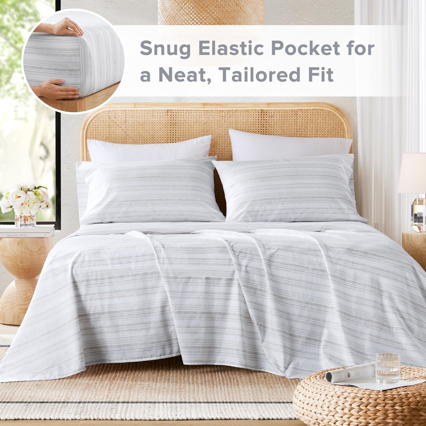 Comfort Spaces 100% Cotton Sheets King, Breathable, Naturally Cool Cotton Sheets, Soft Cotton Bed Sheets with 14" Elastic Pocket Fits up to 16" Mattress, All Seasons Sheet Set, Good Vibes Grey 4 Piece